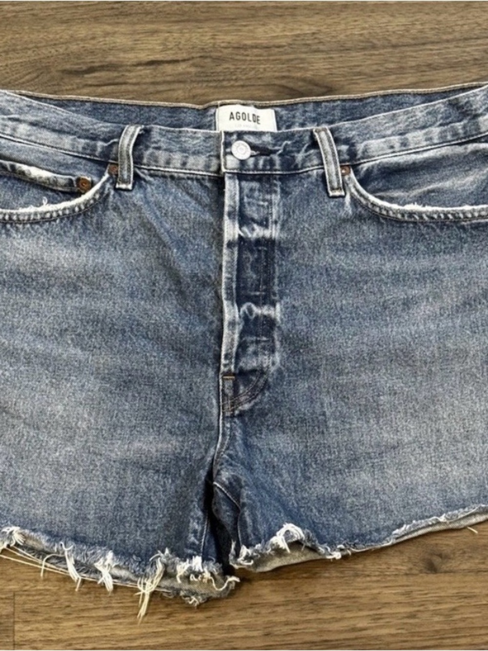 Agolde Parker long Light Blue Frayed Hem Denim Shorts